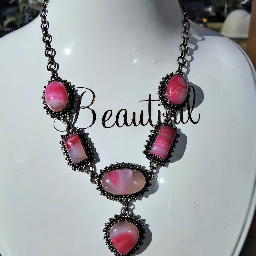 Vintage Pink Botswana & Sterling Silver Necklace